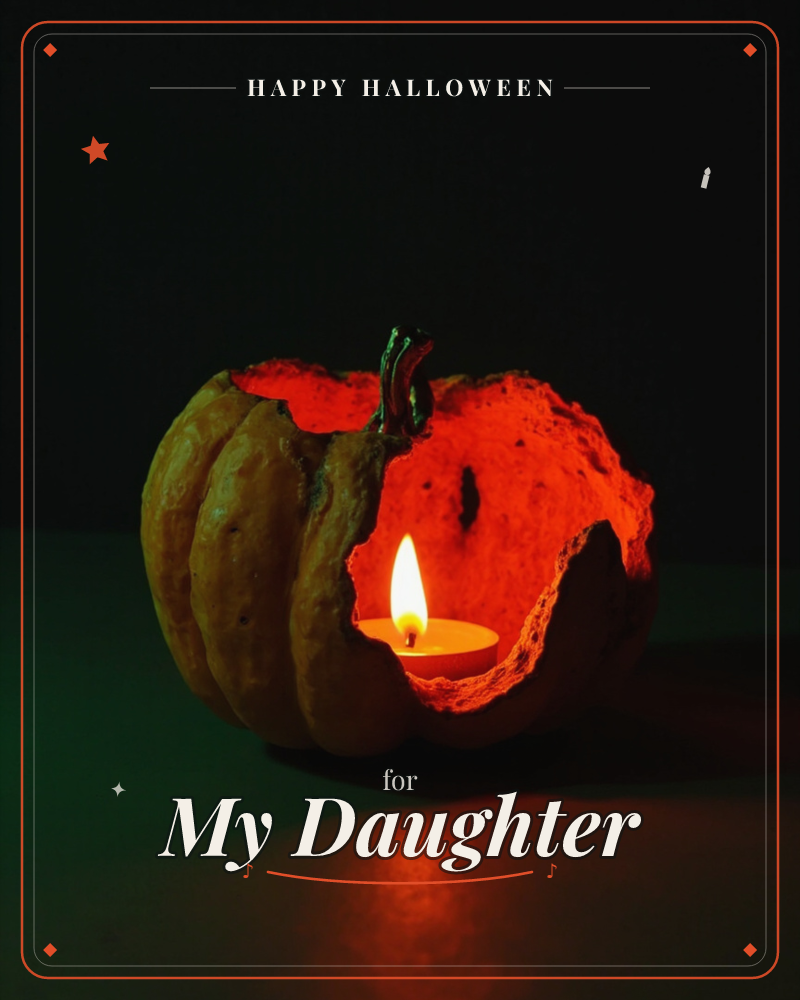 A small pumpkin sits in near-total darkness, its shell torn open on one side to reveal a lit tea candle inside, a halloween e-card design