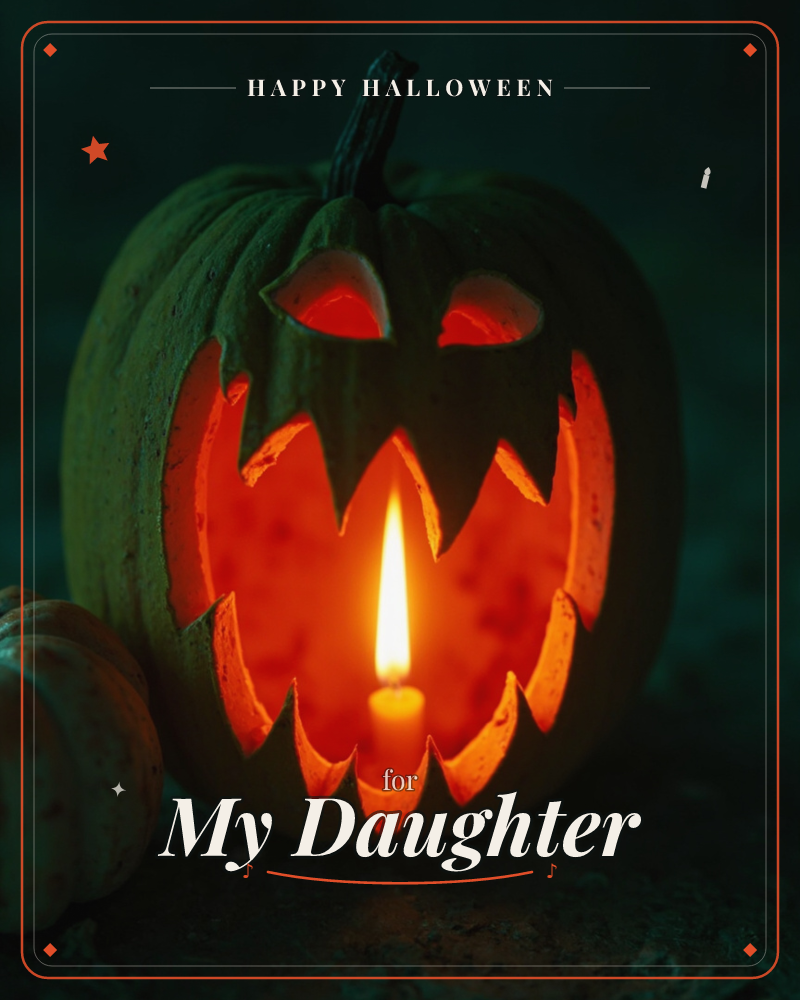 A carved pumpkin glows in near-total darkness, its jagged, fanged grin and slitted eyes lit from within by a single flickering candle, a halloween e-card design