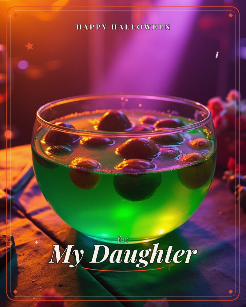 A round glass bowl brims with glowing green punch, dark floating orbs bobbing on its surface, lit from within like a party centerpiece, a halloween e-card design