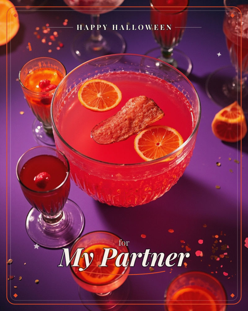 A crystal punch bowl brims with ruby-red party punch, floating orange slices and a piece of spiced toast, surrounded by stemmed glasses filled with the…, a halloween e-card design