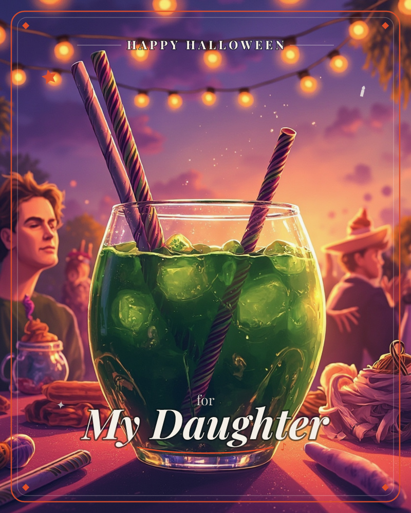 A glass brimming with a bright green iced drink and striped straws sits at the centre of an outdoor evening gathering, strings of warm bulb lights…, a halloween e-card design