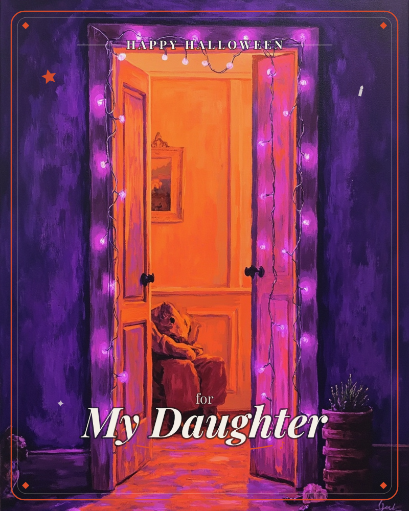 An open double doorway glows warm orange against deep purple walls, its frame strung with twinkling fairy lights, a halloween e-card design