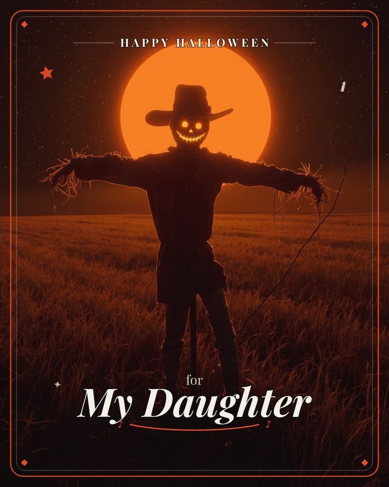 A scarecrow stands with arms outstretched in a dark field, its jack-o'-lantern face glowing with carved eyes and a jagged grin, a halloween e-card design