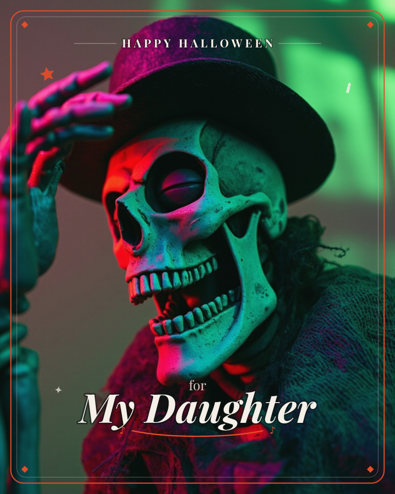 A grinning skeleton tips its black top hat with a bony hand, draped in tattered dark cloth against a moody backdrop lit in clashing pink and green light, a halloween e-card design