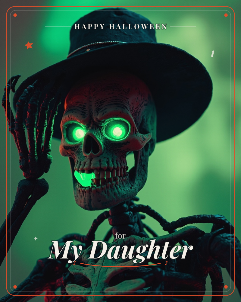 A skeleton in a wide-brimmed hat tips it in mock greeting, its eye sockets and mouth glowing an eerie green against a smoky emerald backdrop, a halloween e-card design