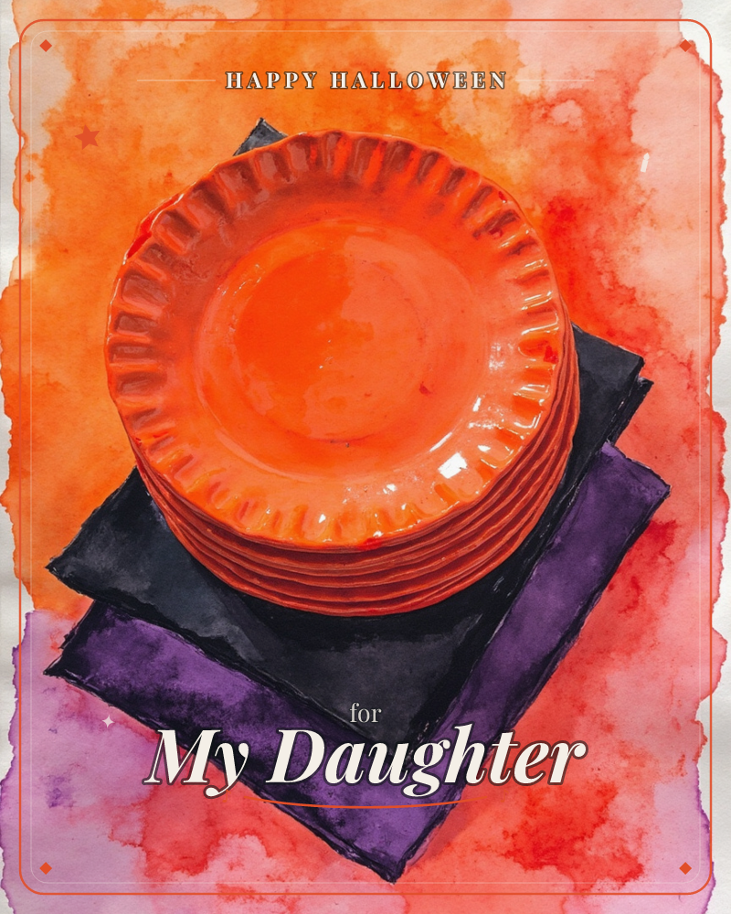 A stack of glossy orange scalloped-rim plates sits atop folded dark napkins, painted against a bold wash of orange, red and purple that bleeds toward…, a halloween e-card design