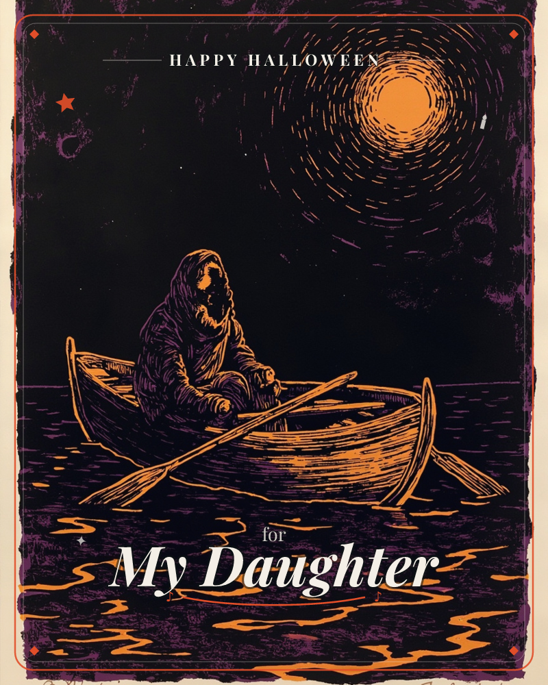 A hooded figure sits alone in a small rowboat, oars resting in hand, drifting across dark rippling water beneath a huge radiant sun or moon, a halloween e-card design