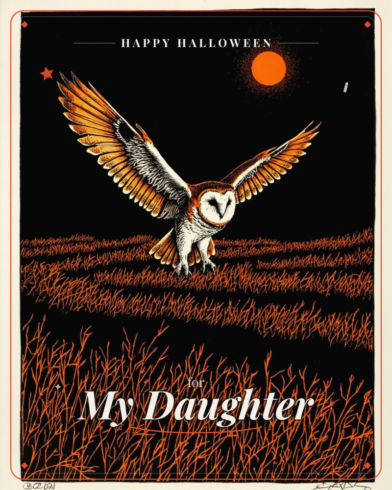 A barn owl swoops low over a rust-orange field at night, wings thrown wide and heart-shaped face tilted downward, with a burnt-orange moon glowing in…, a halloween e-card design
