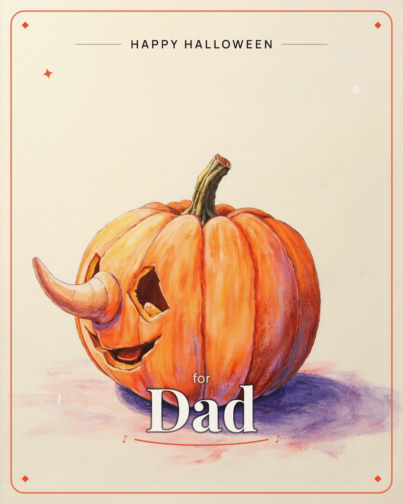 A single carved pumpkin sits alone on a pale cream background, its ridged orange skin shaded with streaks of pink and violet, a halloween e-card design