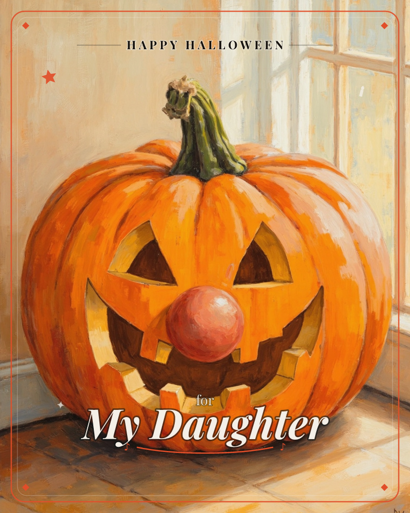 A carved jack-o'-lantern with a cheerful triangle-eyed grin and a round red nose sits on a sunlit tile floor beside a paned window, a halloween e-card design