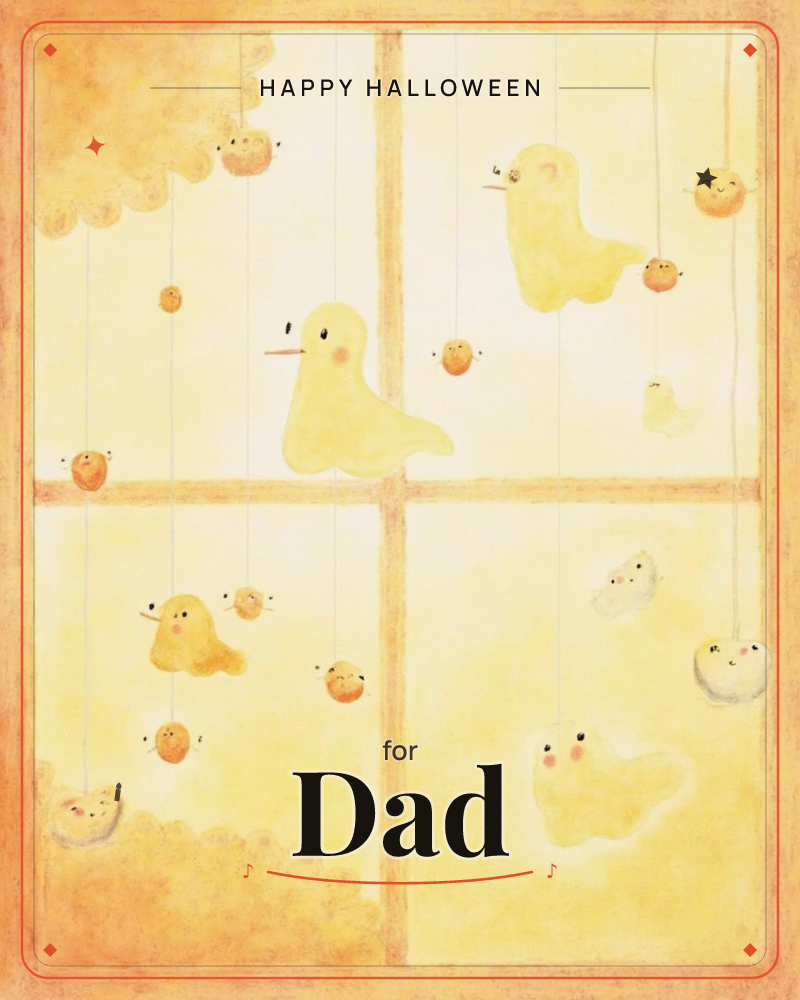 A four-paned window glows in soft yellow light, with plump little bird-shaped mochi and tiny orange faces dangling from strings like a mobile, a halloween e-card design
