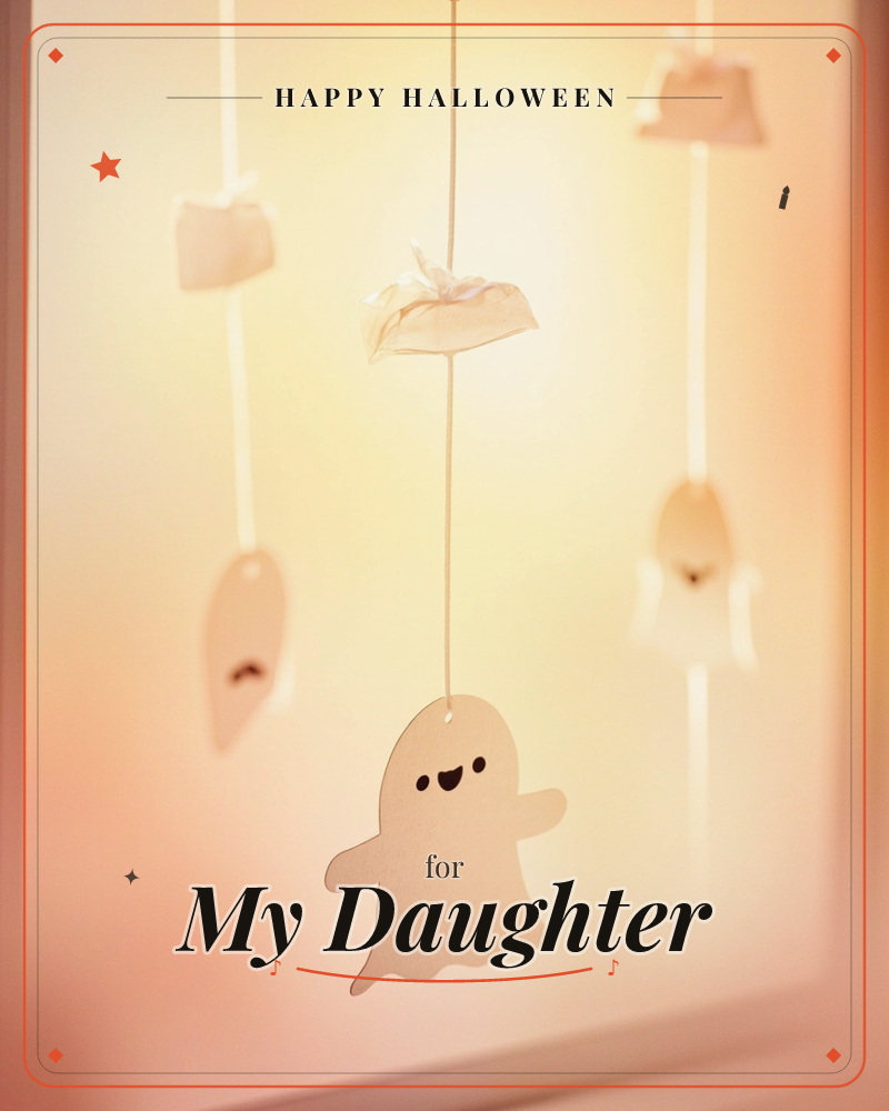 Little paper ghost cutouts dangle on strings against a warm, glowing backlight, their soft cardboard shapes drawn with simple smiling faces, a halloween e-card design