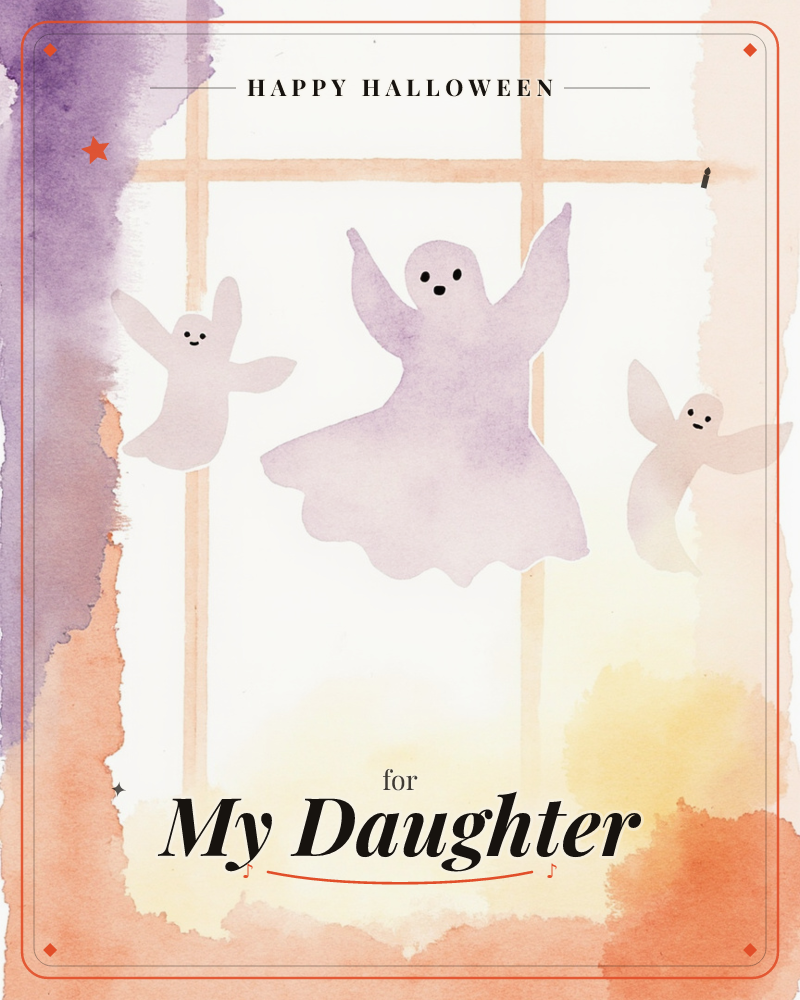 Three friendly cartoon ghosts float in front of a paned window, painted in soft washes of purple and orange watercolour, a halloween e-card design