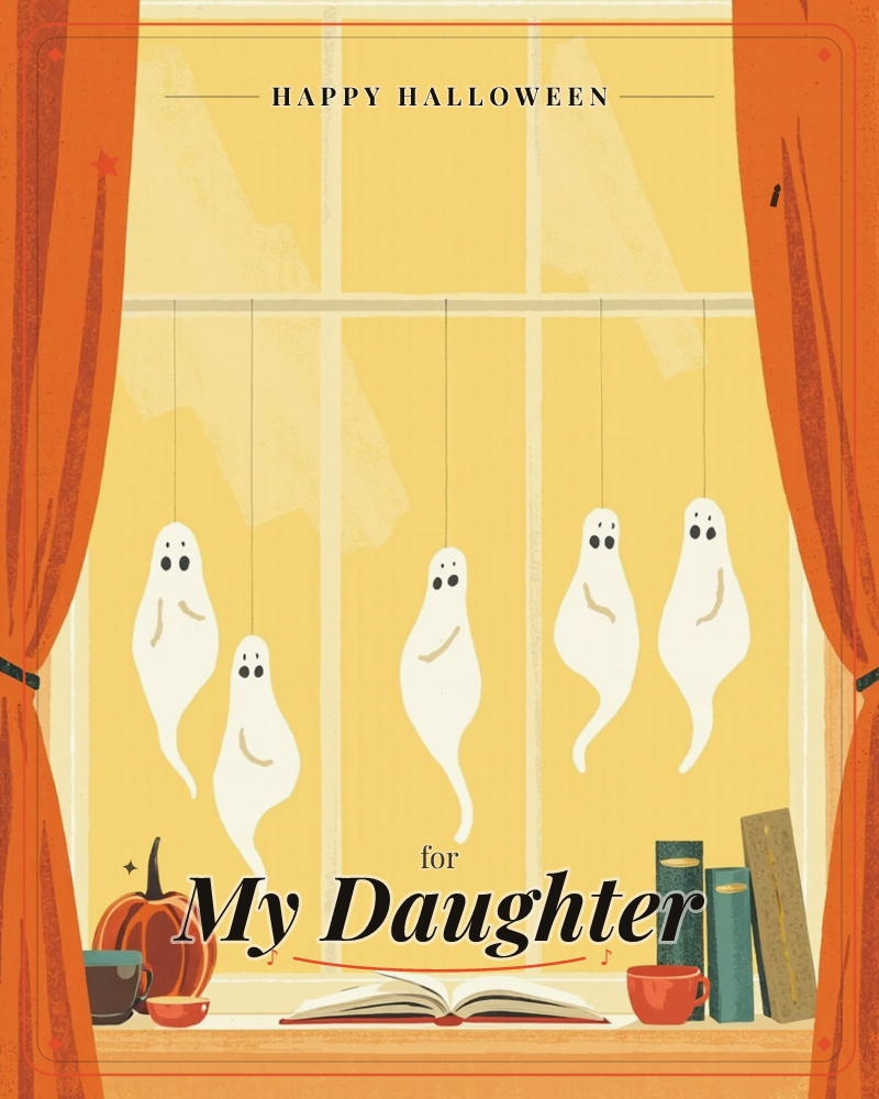 A row of five little white ghosts dangle from strings in front of a glowing yellow window, framed by heavy orange curtains tied back at the sides, a halloween e-card design