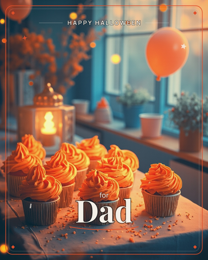 A row of cupcakes with swirled orange frosting lines a windowsill table at dusk, a lit lantern glowing beside them and an orange balloon drifting near…, a halloween e-card design