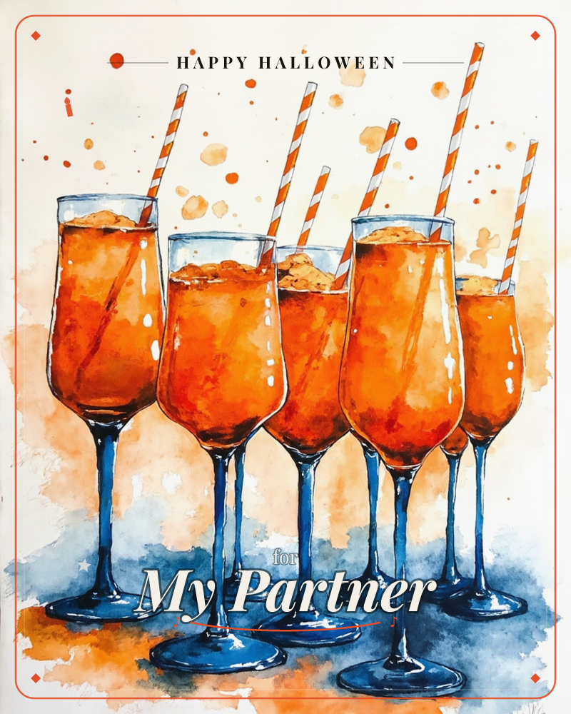 A row of tall champagne flutes filled with a bright orange spritz, each fizzing with ice and fitted with a striped paper straw, glows against a loose…, a halloween e-card design