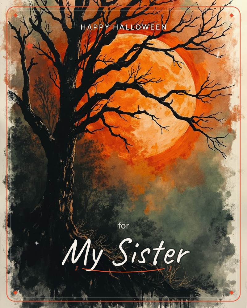 A gnarled, leafless tree stands in silhouette against a huge glowing orange moon, its bare branches spreading like cracks across the sky, a halloween e-card design