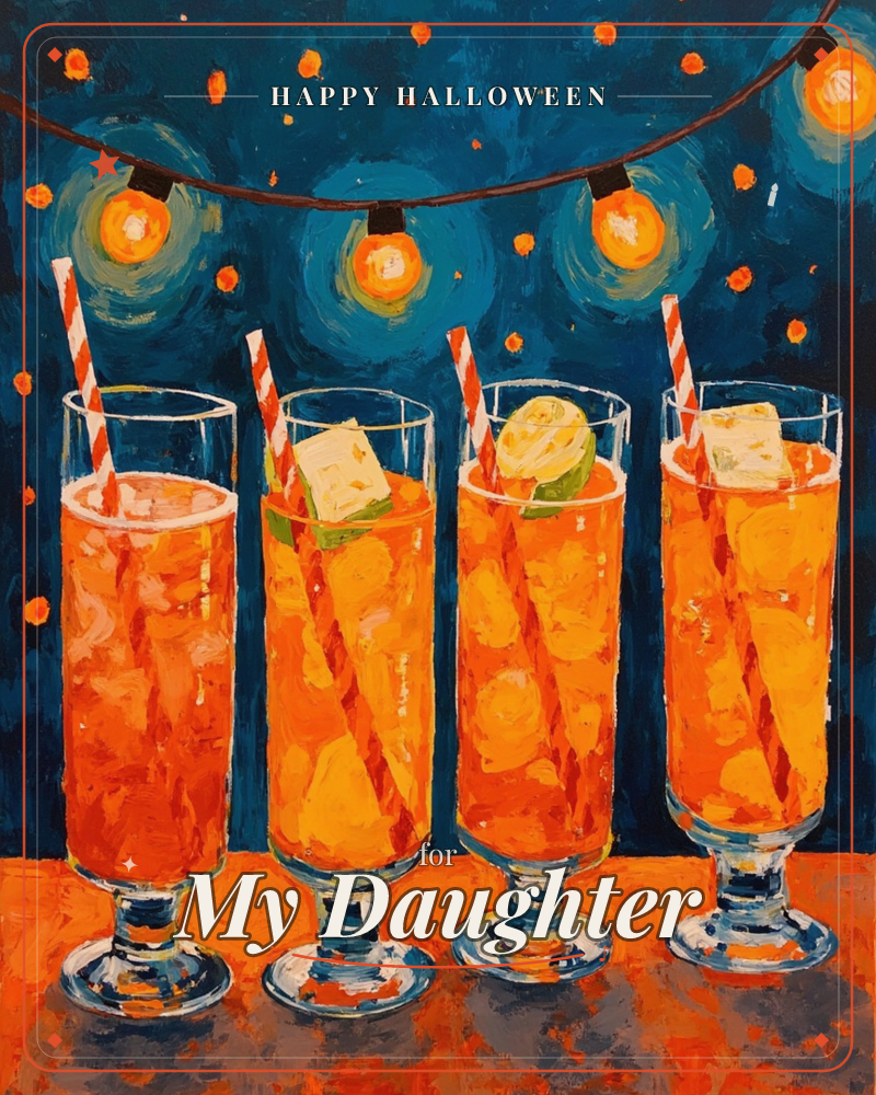 Four tall glasses of orange cocktail line up on a bar, each with a striped straw and a slice of lime or ice, painted in loose, glowing brushstrokes, a halloween e-card design