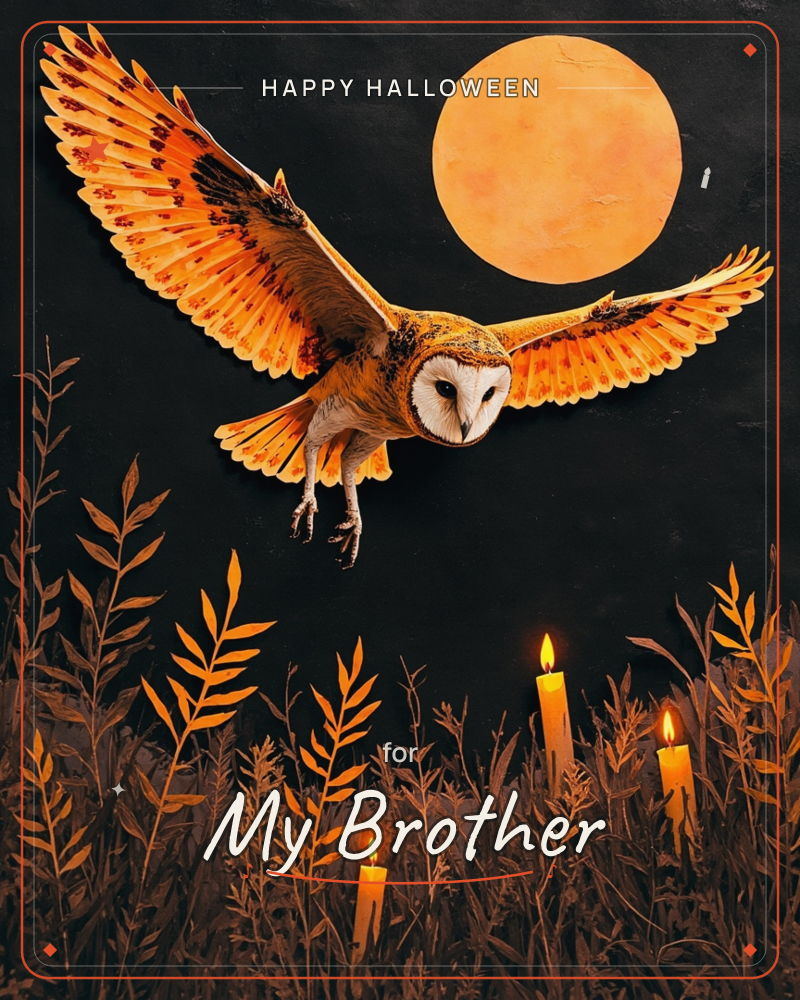A barn owl flies low against a black night sky, wings fully outstretched, lit by a large glowing orange moon behind it, a halloween e-card design