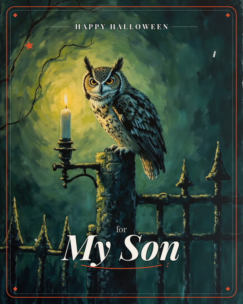 A great horned owl perches on a stone gatepost beside a wrought-iron fence, its eyes glowing amber against a hazy green-gold halo of moonlight, a halloween e-card design