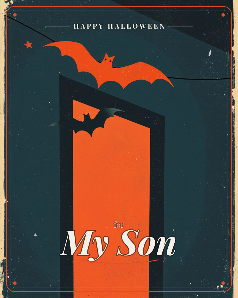 A dark teal wall frames an open doorway glowing bright orange, as if lit from some unseen room beyond, a halloween e-card design