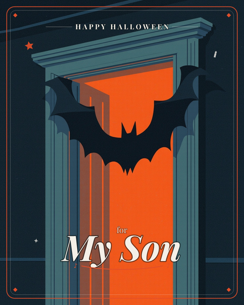 A doorway stands open onto a room glowing fiery orange, its frame painted in cool teal-grey against a near-black wall, a halloween e-card design