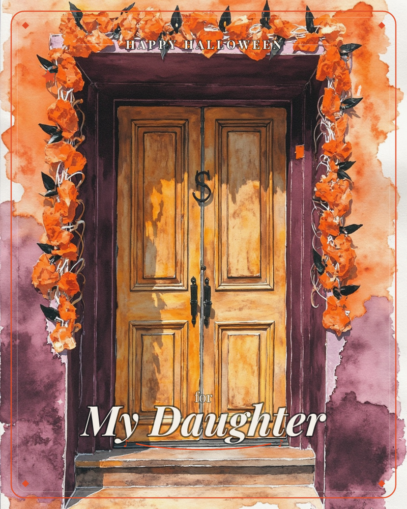 A wooden double door with an antique letter knocker stands framed in deep plum trim, its threshold draped with a garland of orange blooms and dark leaves, a halloween e-card design