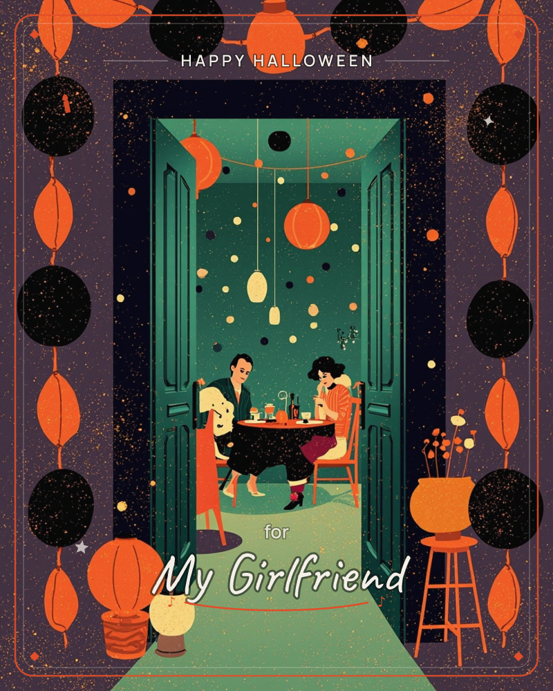 An open doorway frames a cosy candlelit room where two friends sit at a small round table sharing drinks, lantern strings and hanging bulbs glowing…, a halloween e-card design