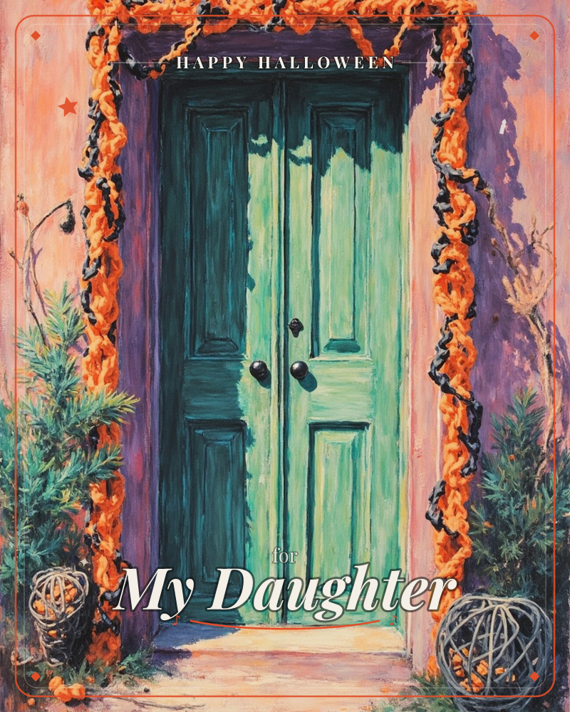 A weathered turquoise double door sits inside a violet-trimmed adobe frame, draped with a chunky garland of orange marigolds twisted with black beads, a halloween e-card design