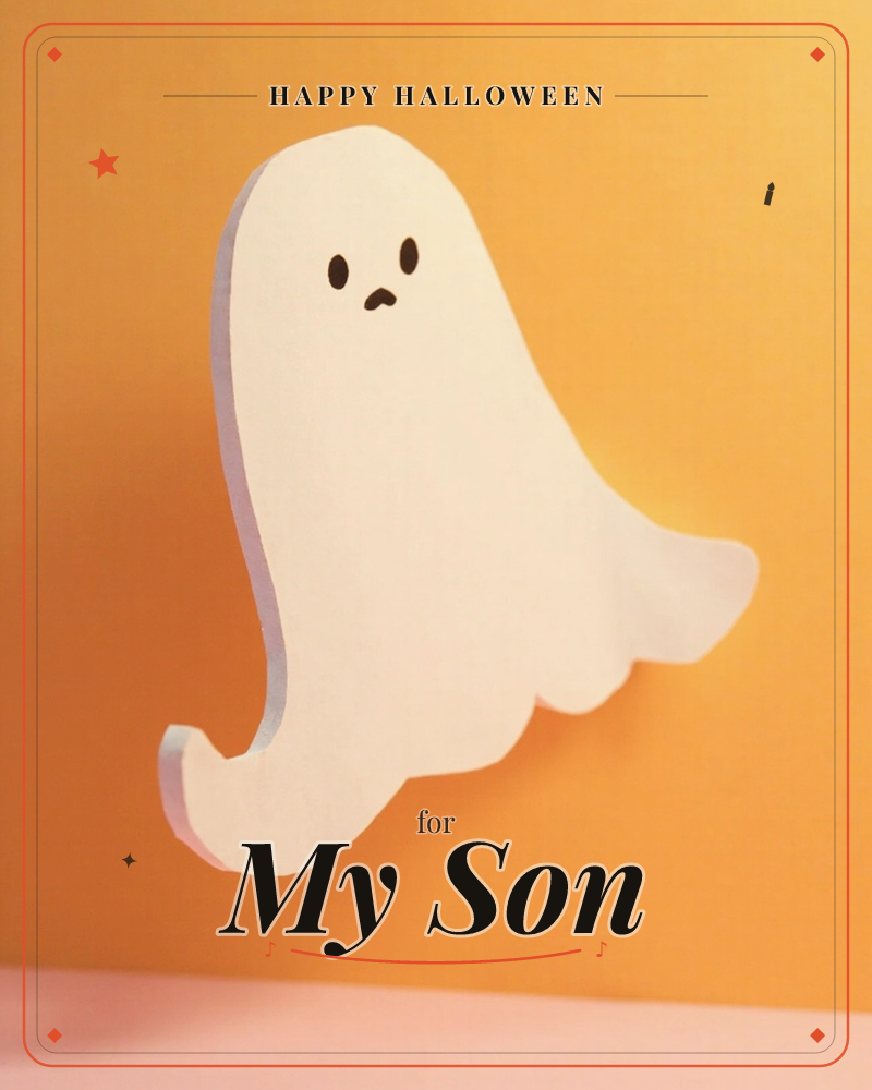A cut-paper ghost with a small worried face floats against a bold pumpkin-orange backdrop, its wavy edges casting soft shadows onto a pale pink surface…, a halloween e-card design
