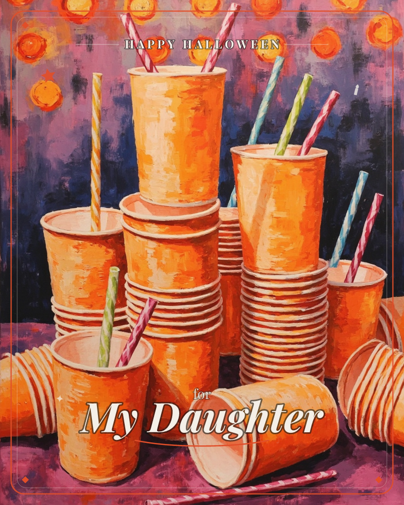 A painterly still life of orange paper party cups, some stacked in tall towers and others tipped on their sides, with striped straws in green, pink and…, a halloween e-card design