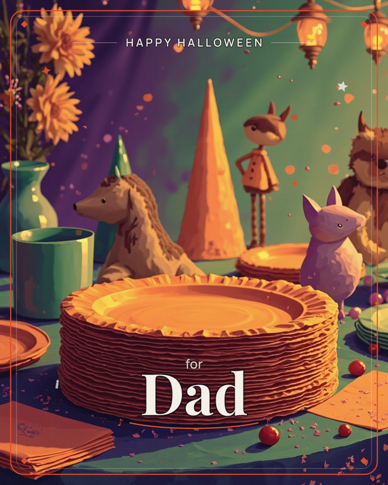 A whimsical party table is set with a tall stack of scalloped gold plates as the centrepiece, surrounded by small toy-like animal figures including a…, a halloween e-card design