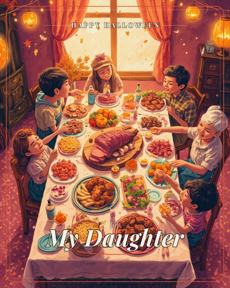 A family gathers around a table piled high with roast meat, fried chicken, noodles, oranges and salads, warm lantern light glowing through orange…, a halloween e-card design