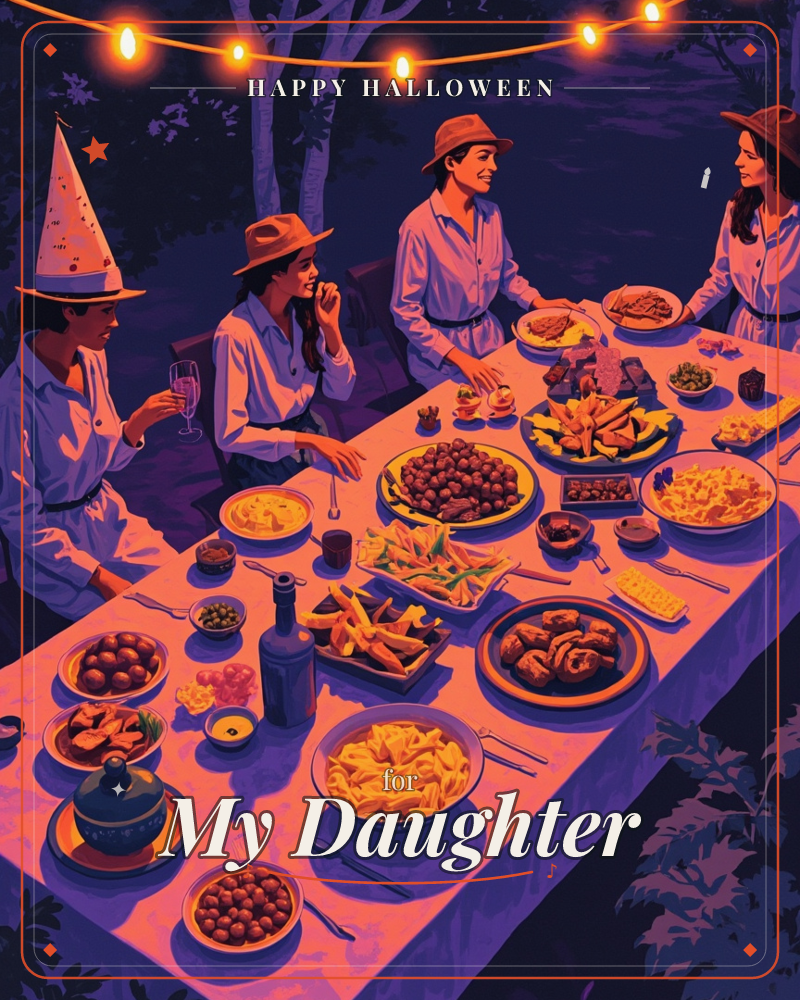 Four friends gather at a long outdoor table lit by strings of warm bulbs overhead, the night trees fading into deep indigo behind them, a halloween e-card design