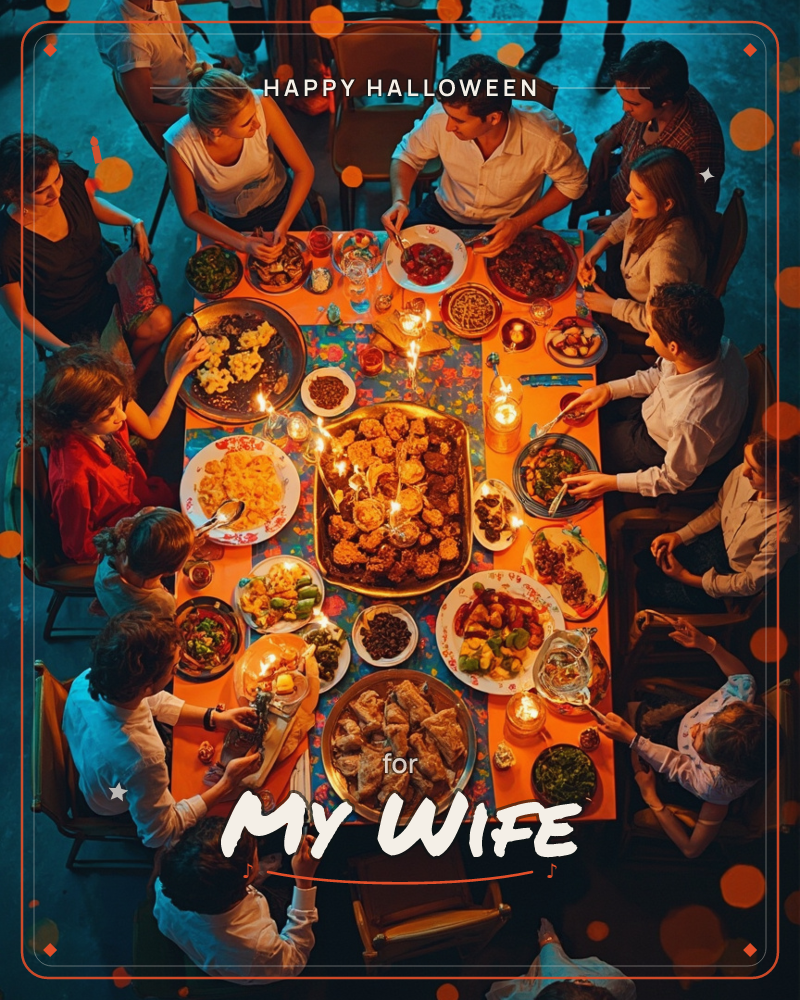 A bird's-eye view looks straight down on a long table crowded with platters of roasted meats, pastries, salads and lit candles, while a large group of…, a halloween e-card design