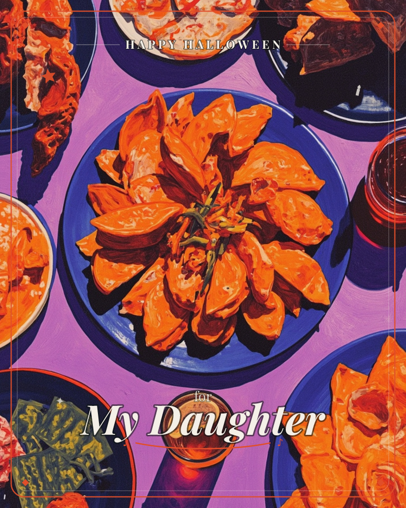 A bird's-eye view of a feast painted in bold, glowing colour: a blue plate piled high with orange dumplings arranged like petals sits at the centre of…, a halloween e-card design