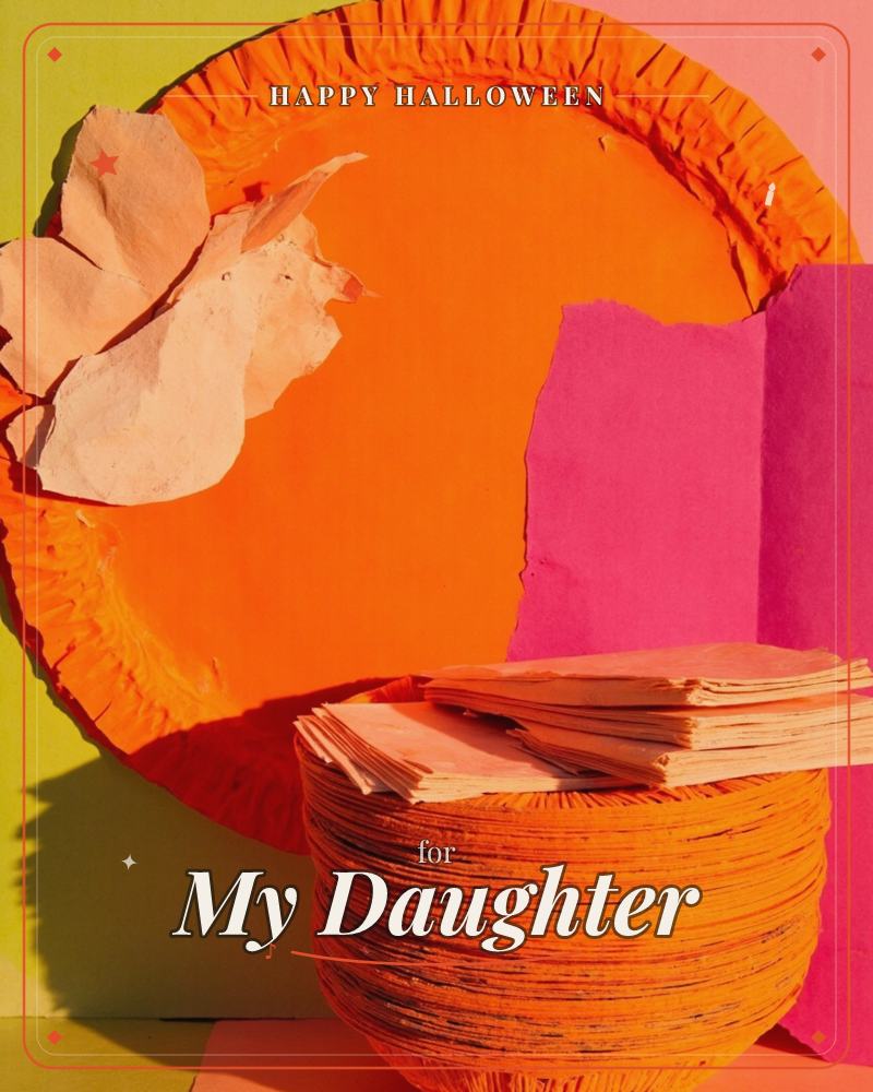 A bold still life built from paper and card: a large fluted orange paper plate stands on end against a hot pink and chartreuse background, with a pale…, a halloween e-card design