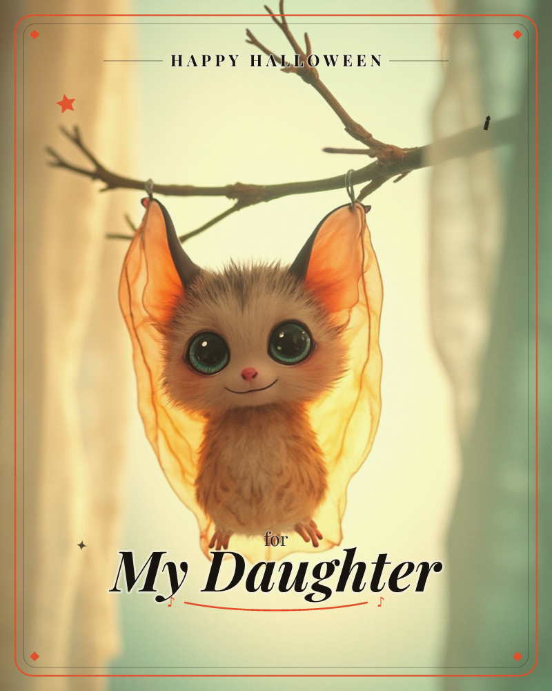 A wide-eyed baby bat with fuzzy tan fur and translucent orange-gold wings hangs from a bare, forked branch, its wings hooked over the twigs like a…, a halloween e-card design