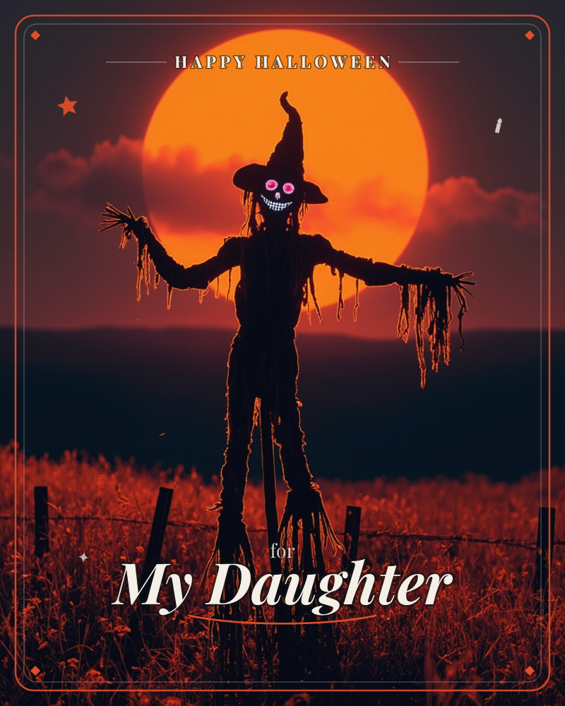 A ragged scarecrow with a witch's hat and glowing pink eyes stands arms outstretched against a giant orange moon, its stitched grin lit against the…, a halloween e-card design