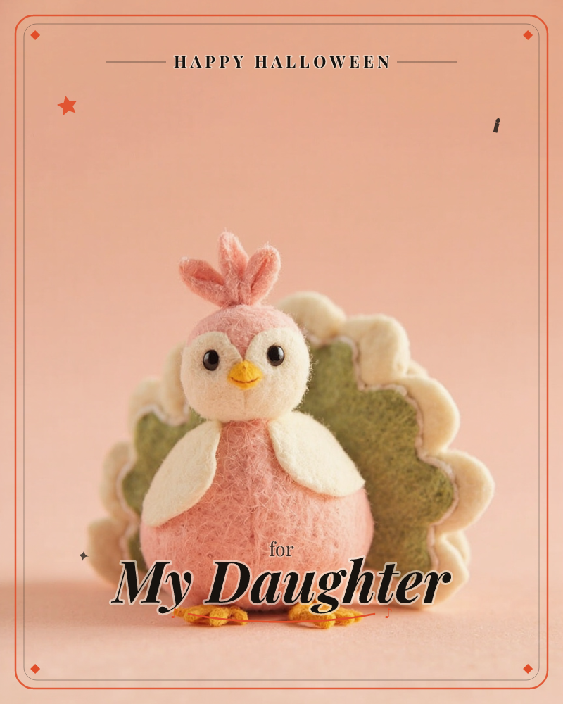 A felted wool bird figure stands front and centre, round pink body, cream wing patches and a fanned tail of scalloped cream and moss-green felt spread…, a halloween e-card design