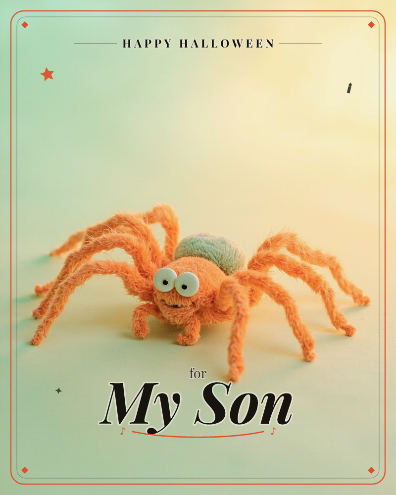 A fuzzy orange toy spider with a soft grey-green pom-pom body and comically crossed googly eyes sits on a pale mint surface, its pipe-cleaner legs…, a halloween e-card design