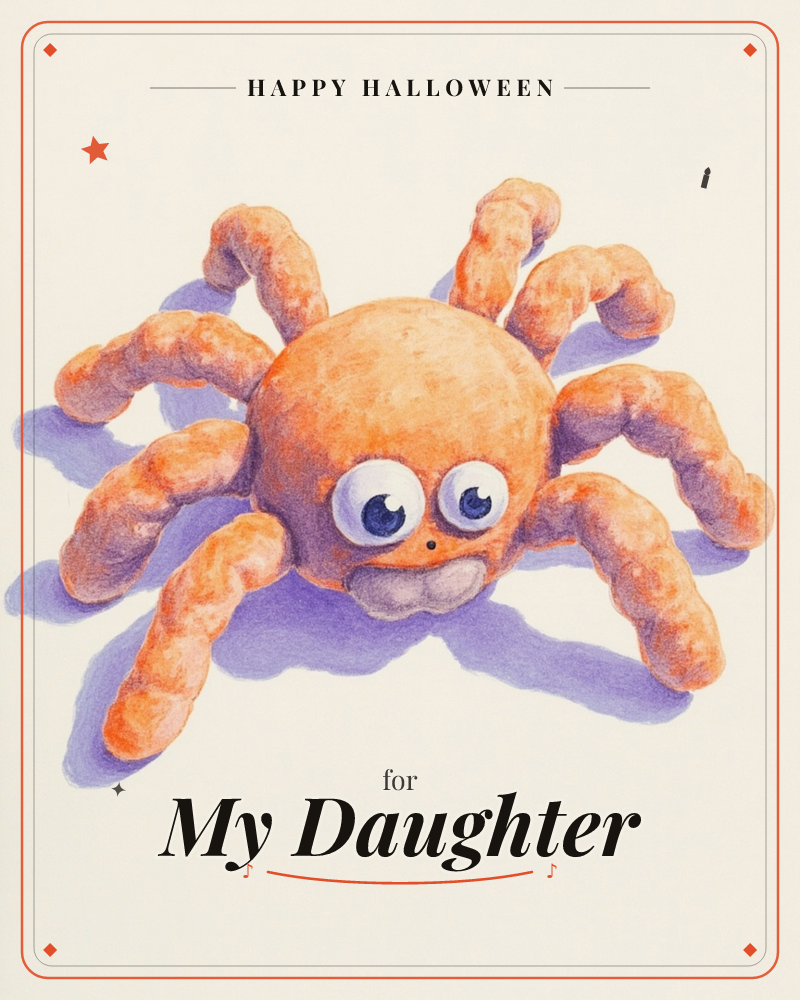 A plump orange spider with curled, fuzzy-textured legs sits front and center, its oversized googly eyes and small underbite giving it a goofy…, a halloween e-card design