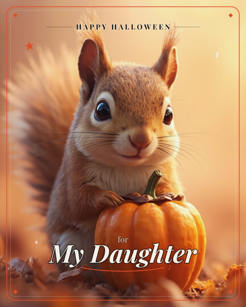 A fluffy red squirrel with tufted ears perches among fallen leaves, both paws resting on a small orange pumpkin, a halloween e-card design