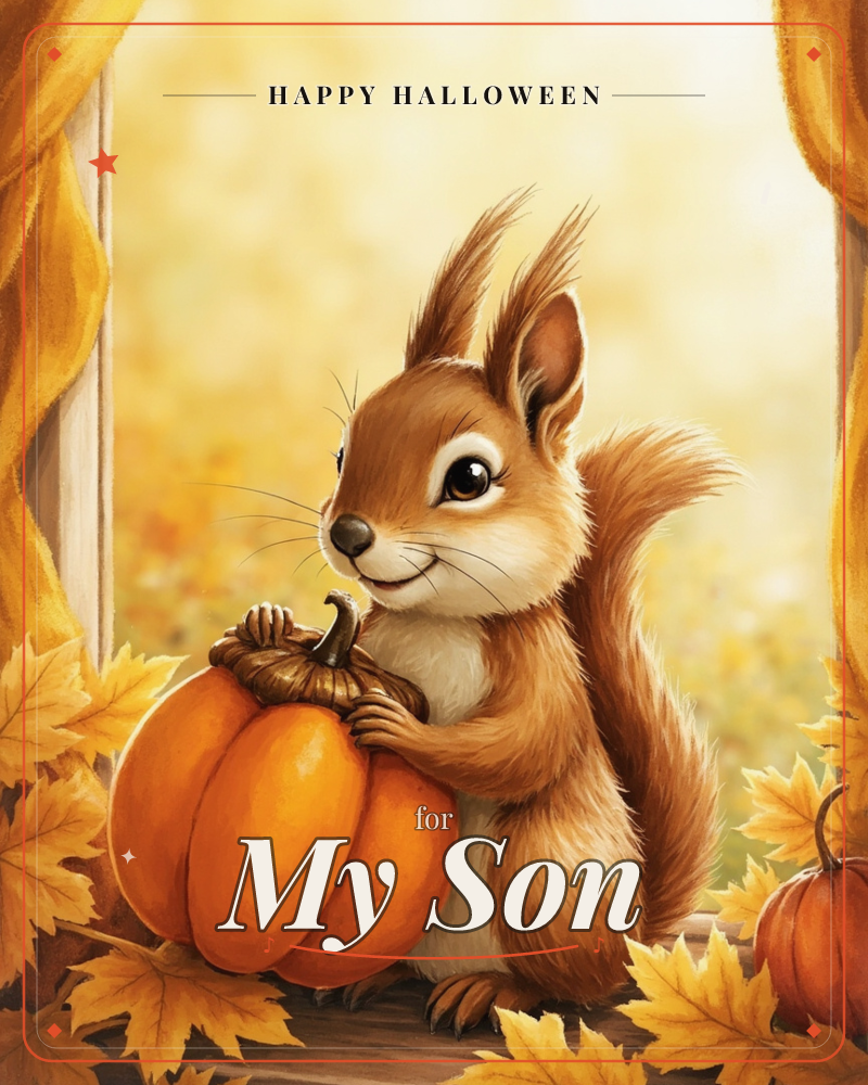 A fluffy red squirrel perches on a wooden windowsill, both paws wrapped around a small orange pumpkin, framed by golden curtains and scattered autumn…, a halloween e-card design