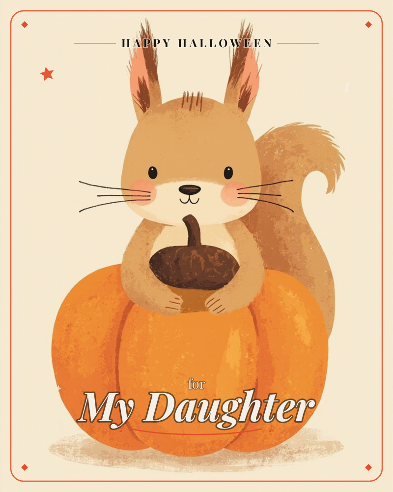 A rosy-cheeked squirrel perches atop a plump orange pumpkin, cradling a large acorn in its paws, a halloween e-card design