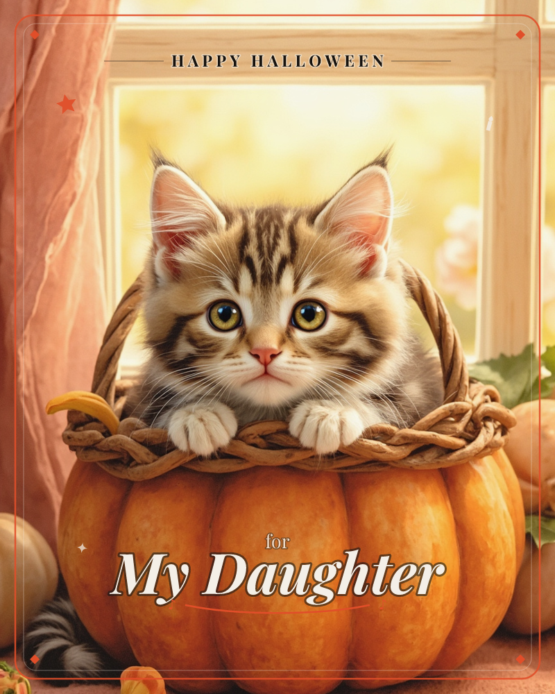 A wide-eyed tabby kitten peers over the woven rim of a basket that sits atop a hollowed pumpkin, its paws draped over the edge, a halloween e-card design