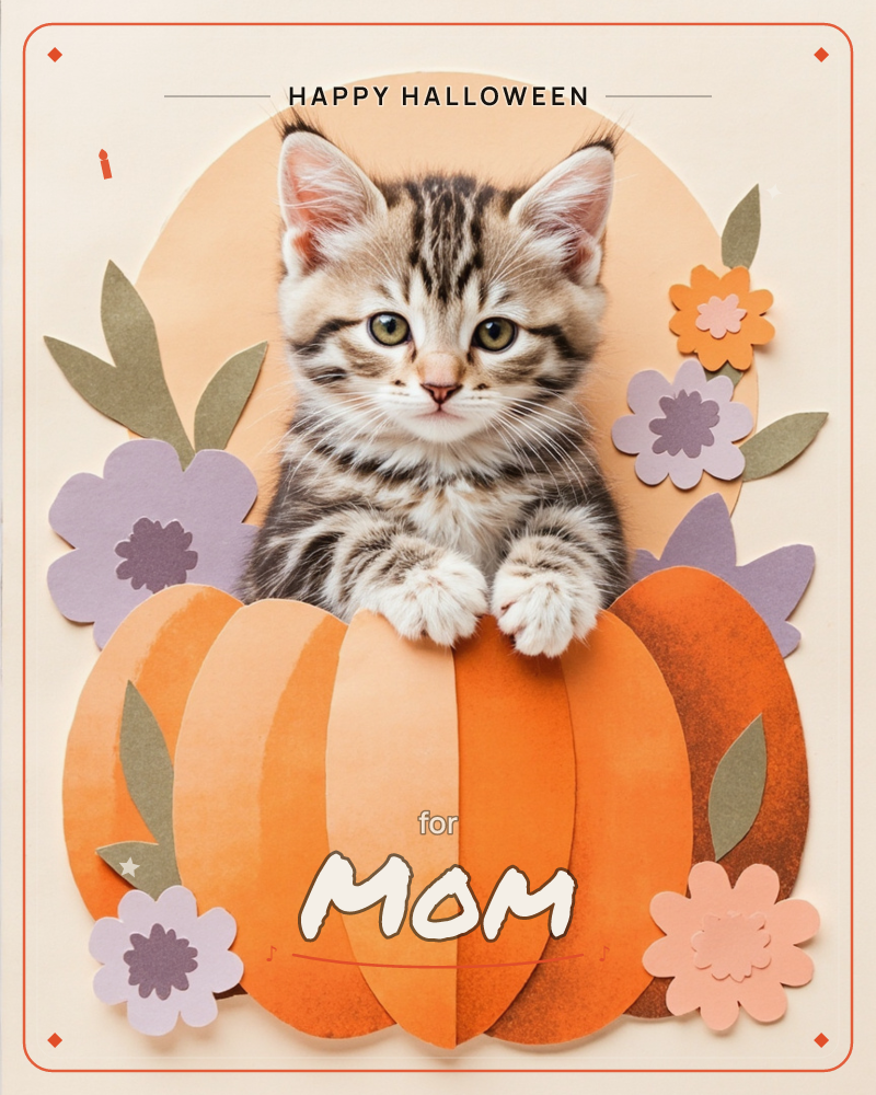 A striped tabby kitten peeks over the top of a paper-craft pumpkin, paws draped over its ridged orange folds, set against a peachy circle backdrop…, a halloween e-card design