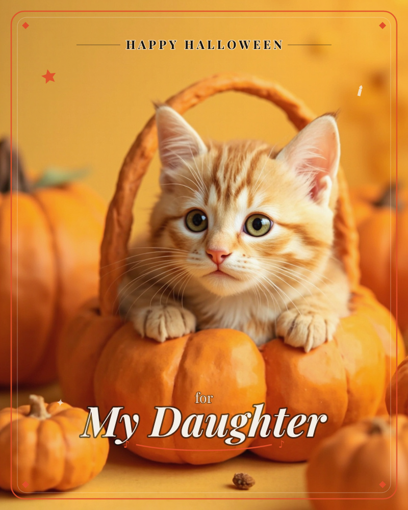 A ginger kitten peers out from a woven basket handle, paws draped over a pile of small pumpkins, set against a warm golden-orange backdrop, a halloween e-card design
