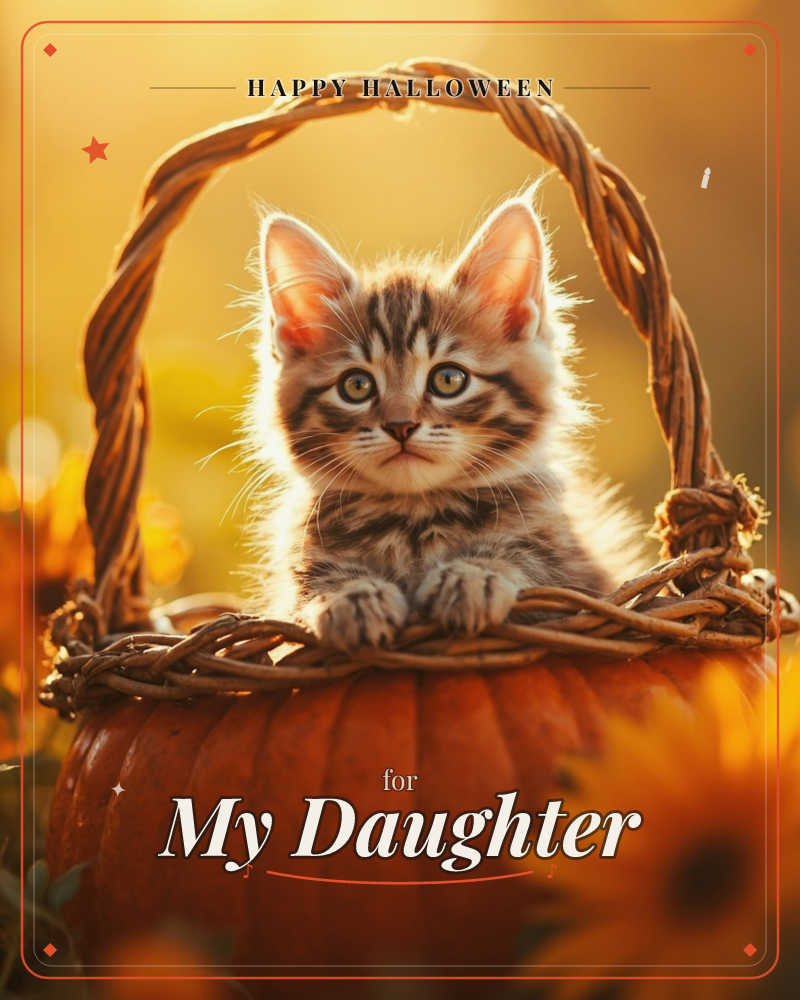 A striped tabby kitten perches with paws draped over the rim of a woven wicker basket set atop a pumpkin, sunflowers glowing softly out of focus around it, a halloween e-card design