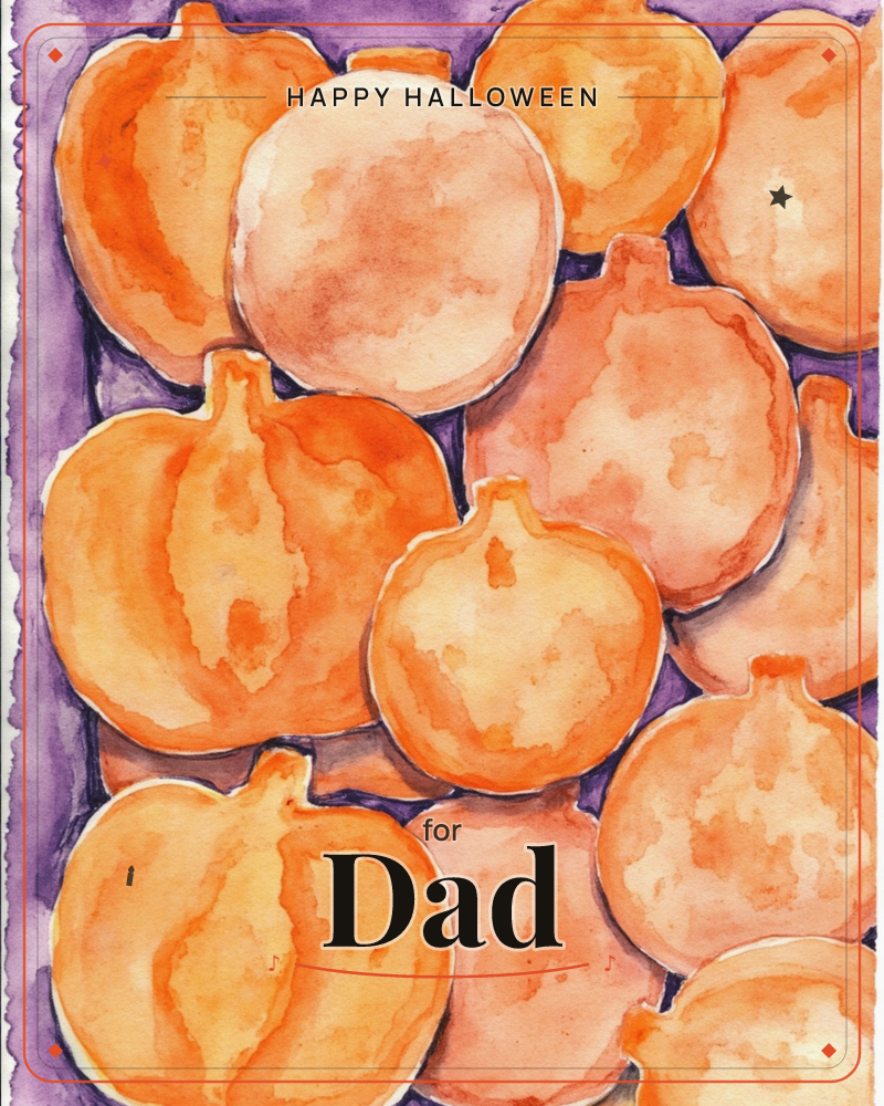 A cluster of round orange pumpkins and gourds fills the whole card, painted in loose watercolour washes against a deep purple background, a halloween e-card design